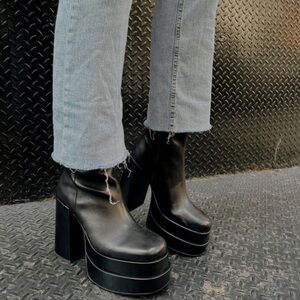 Platform Block Heel Ankle Boots - Black